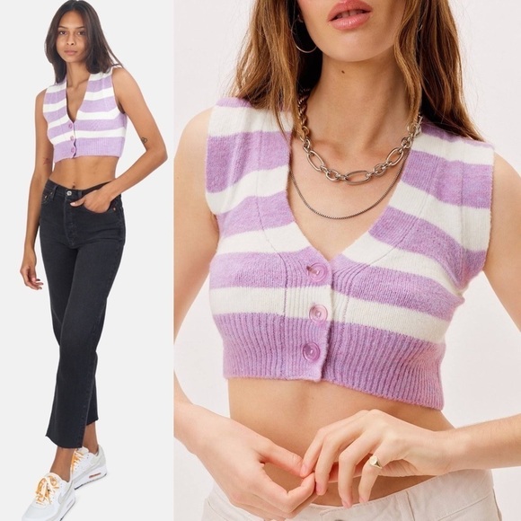 NWT FOR LOVE & LEMONS 90s Y2K Cropped Sleeveless Striped Cardigan Sweater Vest M - Picture 4 of 14